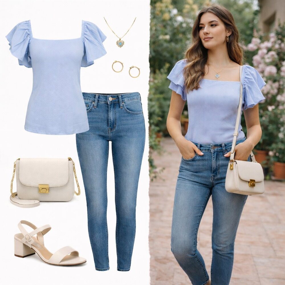 💜 Light Blue Ribbed Knit Top with Ruffle Puff Sleeves Women’s Size S